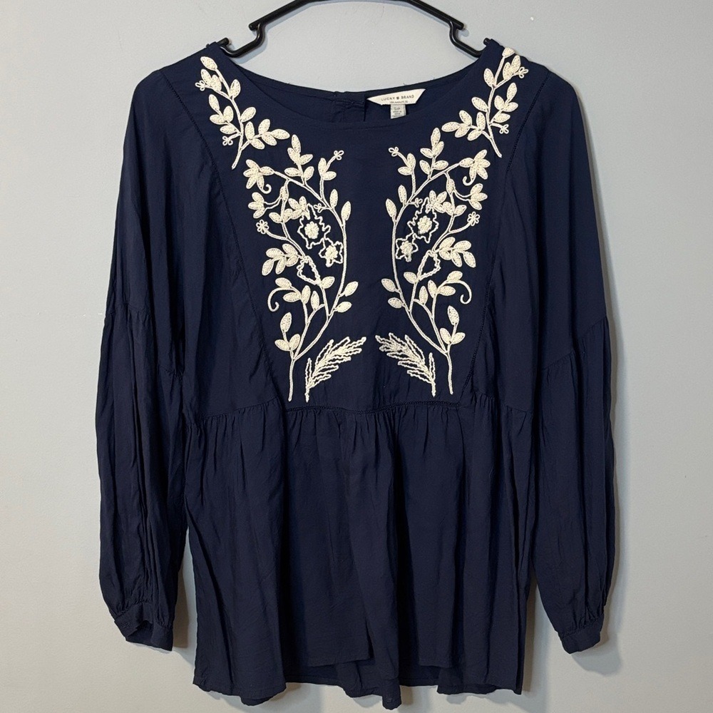 Lucky Brand Navy Blue Embroidered Babydoll Peasant Top Long Sleeve Small boho